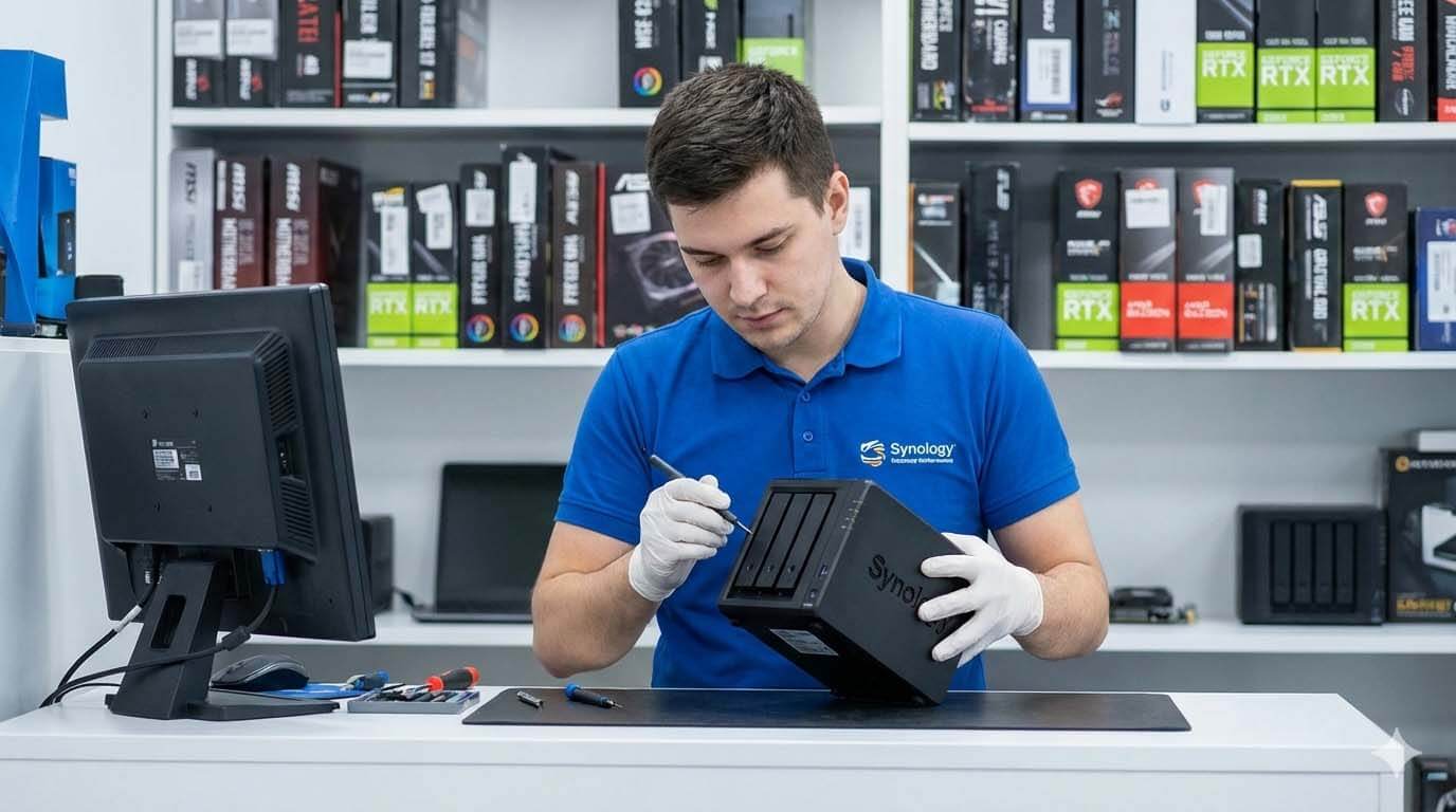 專業人員檢測 Synology NAS,背景模糊顯示電腦零件 (Professional Inspecting Synology NAS with Blurred Computer Parts in Background)