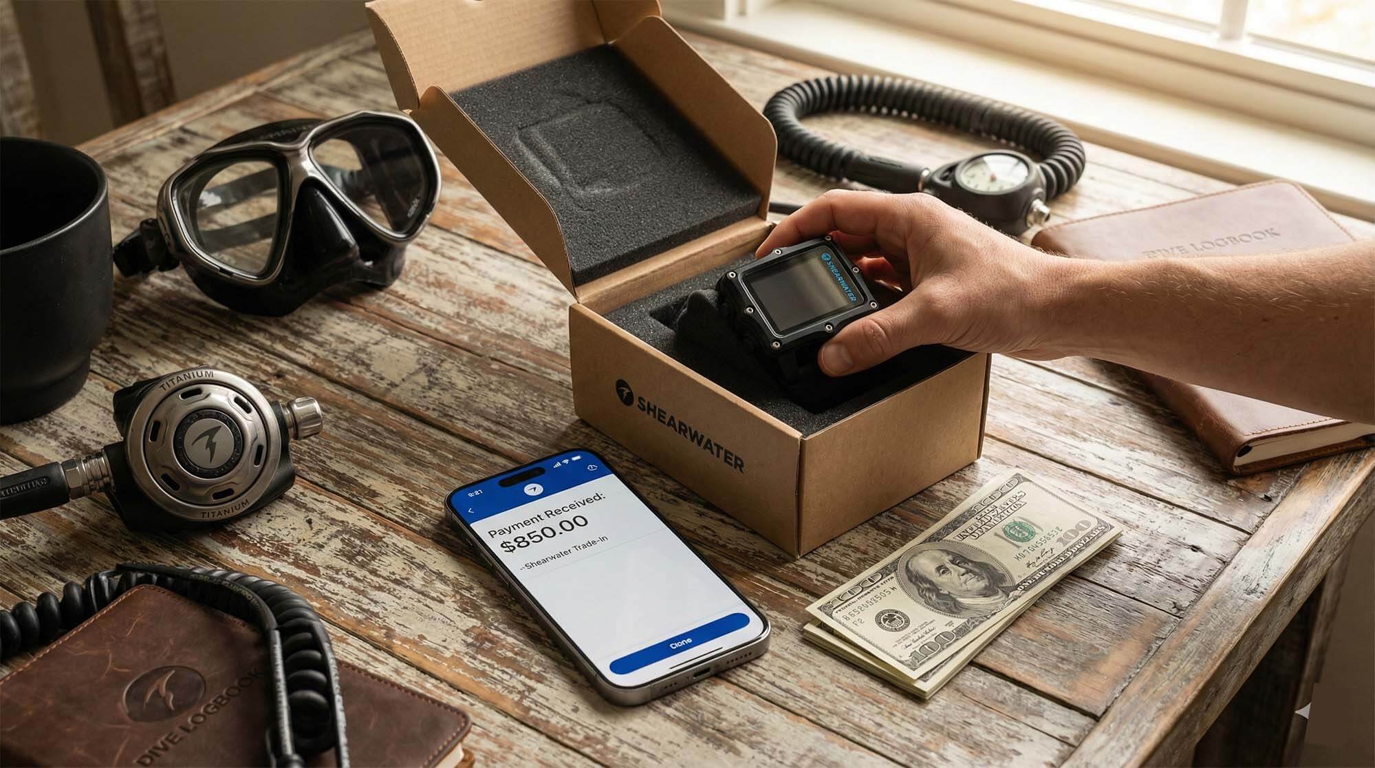 潛水員升級裝備示意圖 - 舊 Shearwater 換新機與現金