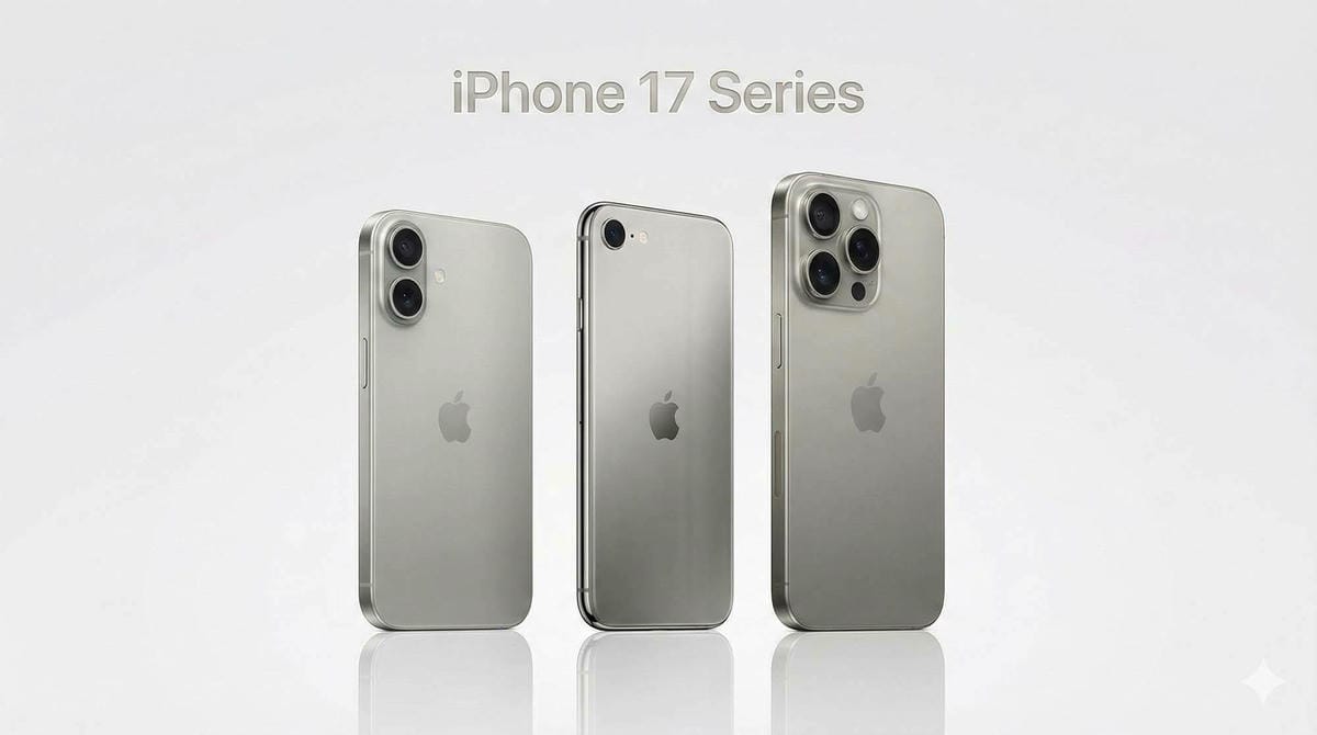 iPhone 17 全系列機型排列展示，包含 Pro Max 與 Air 機型，背景為極簡科技風格 / iPhone 17 full series lineup display including Pro Max and Air models, minimalist tech background.